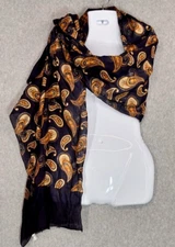 Taleen Scarf Navy Blue Paisley Raw Hem Viscose 20 x 36 NEW