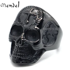 MENDEL Mens Stainless Steel Gothic Motorcycle Biker Black Skull Ring Size 7-15
