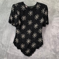Beaded Silk Snowflake Top Black Silver Holiday Costume DIY – Damage Size M