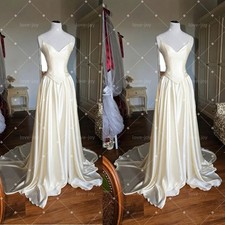 Satin Wedding Dresses Spaghetti Straps Sweep Train Ruching Vintage Bridal Gowns