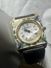 dufonte lucien piccard watch womens, handmade ceramic bezel, black leather band.