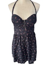 Guess Floral Halter Dress Black With Dotted Texture & Red Flowers Zip Back Size