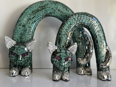 Emerald Green Amethyst Glass Mosaic Arched CAT Statue-A Pair Circa 1980s Disco