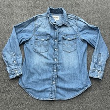 Wrangler Pearl Snap Shirt Womens Large Long Sleeve Blue Denim Western Rodeo Wrangler Pearl Snap Shirt Womens Large Long Sleeve Blue Denim Western Rodeo