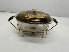 Vtg Pyrex 3qt Casserole Dish Georges Briard Atomic Gold Splatter & Chafing Stand