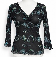 Y2K Wrapper Top M Black Floral Embroidered Sequin Mesh Grunge Whimsigoth Fairy
