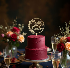 Cake Topper Wedding Personalised Name Cake Topper Circle Wreath Wooden Black