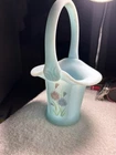 Fenton Art Glass Blue Satin Basket Hand-painted with A Frosted Asters Signed