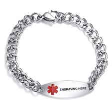 Stainless Steel 8" Caduceus Medical ID Cuban Chain Bracelet-Free Engraving