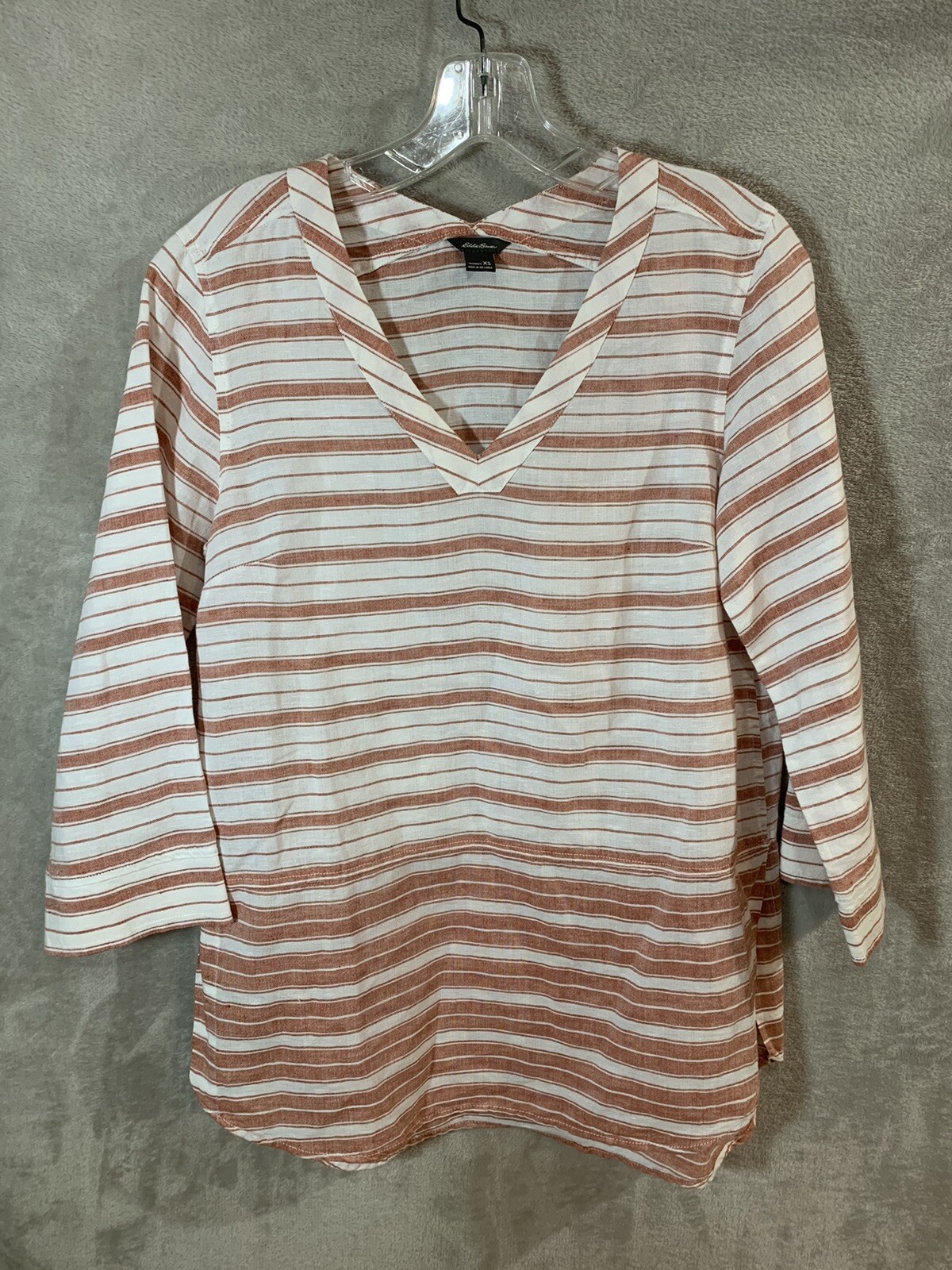 Eddie Bauer Womens Linen Top Size XS White Red Striped Long Sleeve Lightweight
