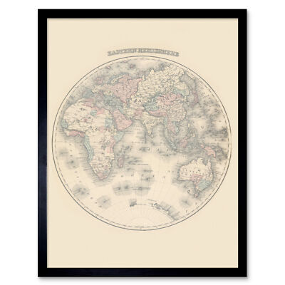 Grau 1876 Karte Östliche Hemisphäre Welt Wandkunstdruck gerahmt 12x16