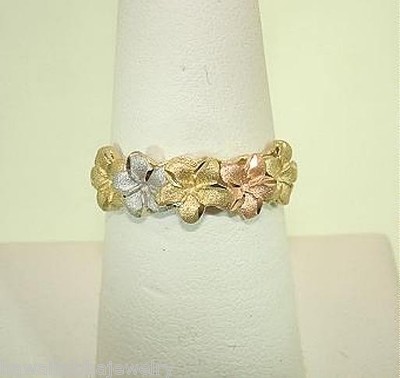 7 MM MASSIVER 14K DREIFARBIGER GOLDRING DIAMANTSCHLIFF DC MATT HAWAIIANISCH 5 PLUMERIEN BLUME