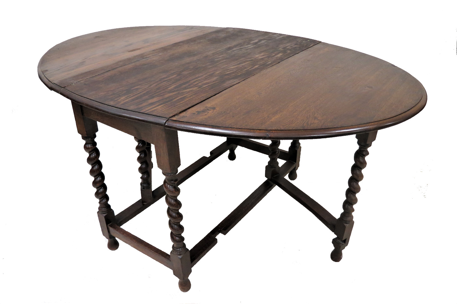 Antique English Oak Barley Twist Drop Leaf Gate Leg Oval Dining Table