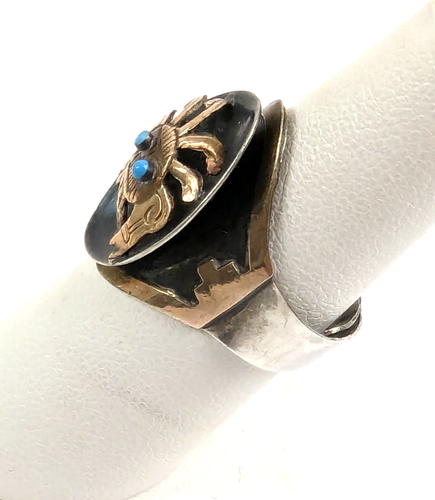 Vintage Peru Sterling Silver 18K Gold & Turquoise Aztec Inca Ring Adjustable - Picture 5 of 10