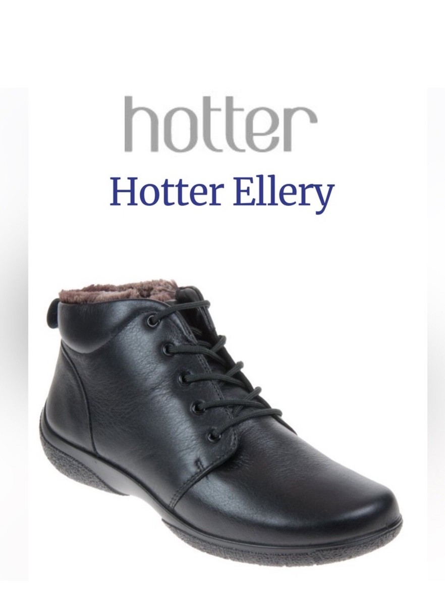 Hotter Ellery Faux Fur Round Toe Black Leather Ankle Boots Booties