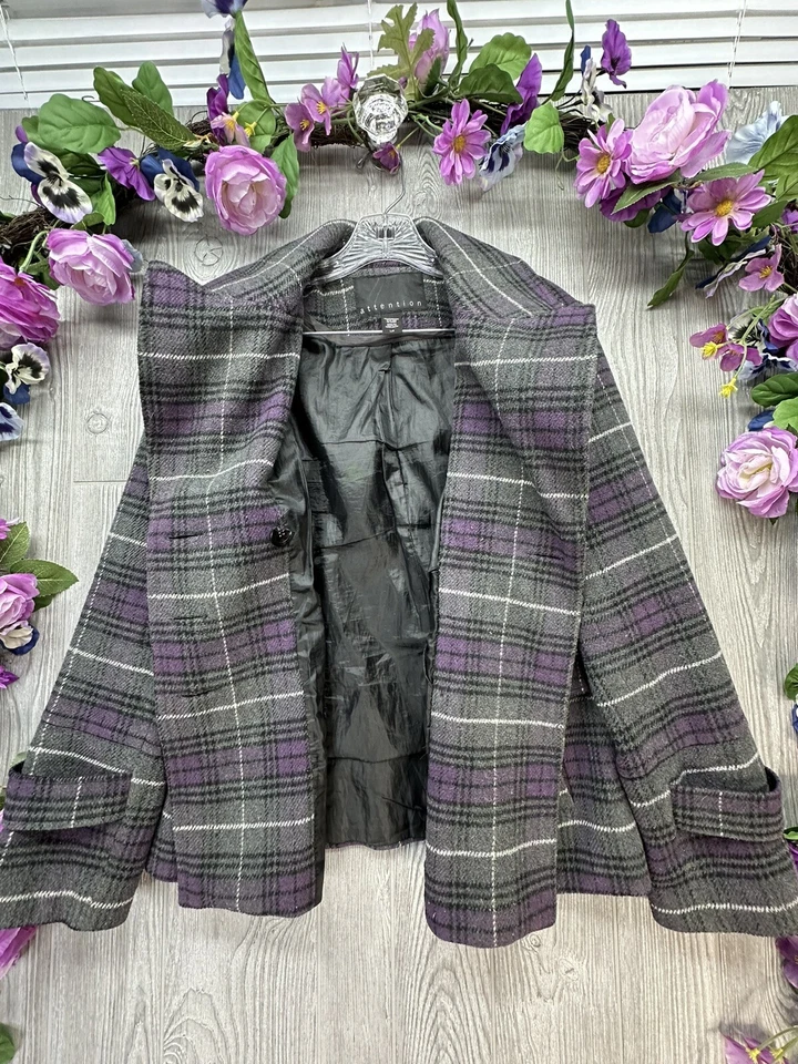 Chaqueta Abrigo Attention Pea Para Mujer Talla Grande Gris A Cuadros Doble Pecho, Forrada Foto 4 de 4