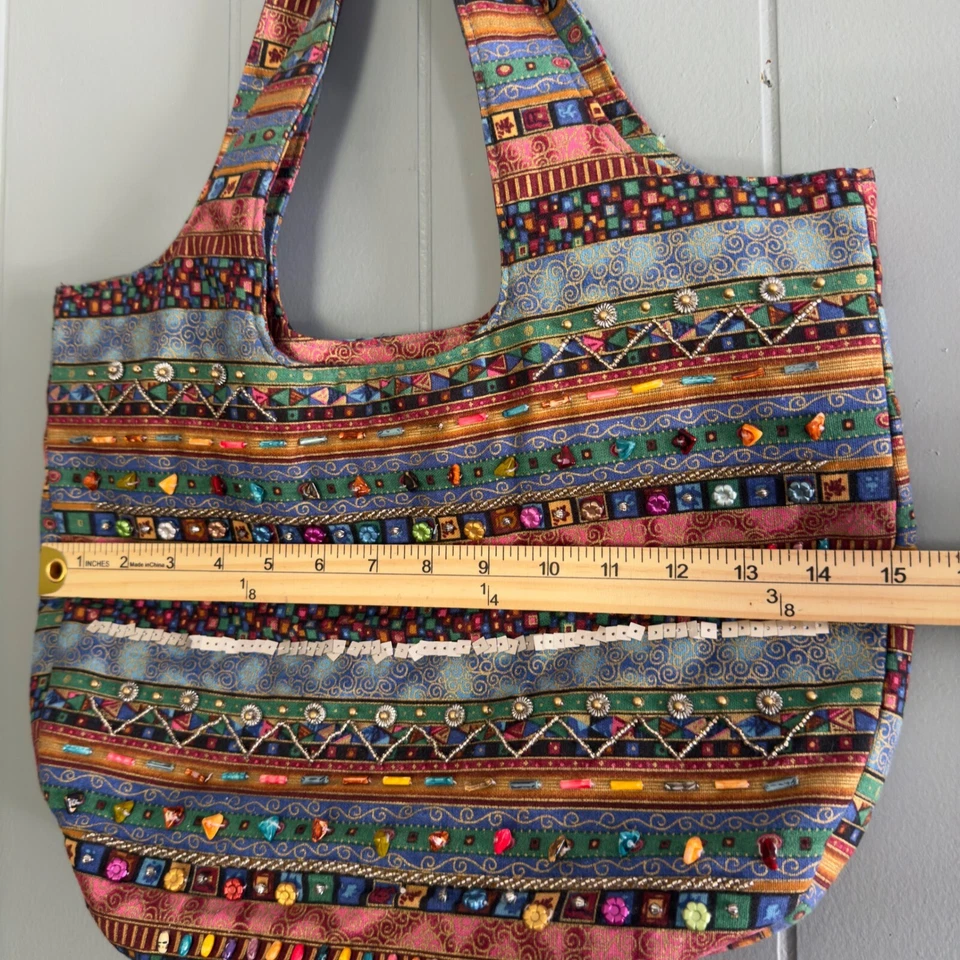 Bolso de Mano Boho Bordado con Cuentas Colorido Estampado Tribal Lagenlook Festival Foto 4 de 4