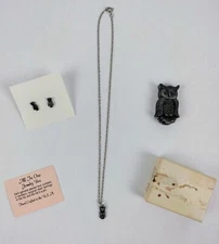 Torino Pewter Owl All In One Jewelry Box Necklace Pin Earrings Set USA Made