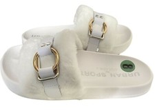 Urban Sport by J/Slides Womens 9M Gold Buckle White Faux Fur Slides Sandal NEW