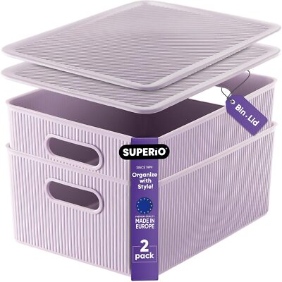 Superio Ribbed Plastic Lidded Storage Bin, Large Lilac Purple (2 Pack, 15 Liter)