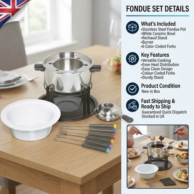 Elegantes 3-in-1 Fondue Set für Schokolade, Fleisch & Käse mit farbcodierten Gabeln