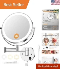 9” Wall Mounted Lighted Magnifying Mirror, 1X/10X Magnification Double-Sided ...