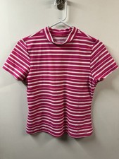 Lands End Swim Shirt Girls Xl 16 Short Sleeve Mock Neck Tropical Striped Pink
