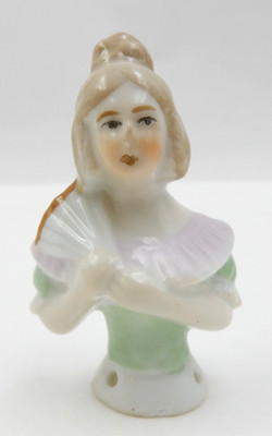ANTIQUE VICTORIAN LADY WITH FAN HALF DOLL PINCUSHION PORCELAIN DOLL, GERMANY