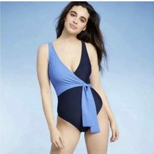 WOMEN'S Wrap Tie Colorblock One Piece Swimsuit, Kona Sol Navy Blue xl new
