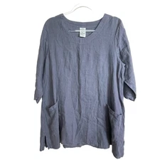 Match Point USA S Gray Linen Tunic Top Patch Pockets Lagenlook