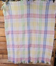Vintage Acrylic Woolen Baby Blanket Pastel Plaid Fringe 31" X 36" Crib Blanket