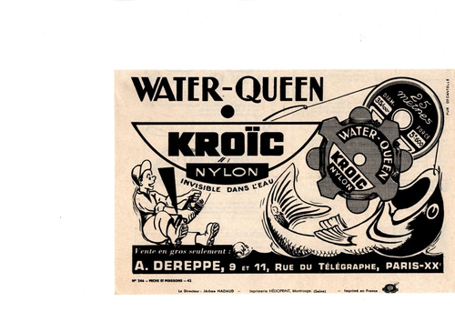 1965 KROIC NYLON FISHING LINE PRINT AD, WATER QUEEN  FRENCH PRINT AD - Afbeelding 2 van 2