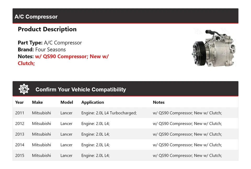 For 2011-2015 Mitsubishi Lancer A/C Compressor 4 Seasons 2012 2013 2014 - Image 2 of 4