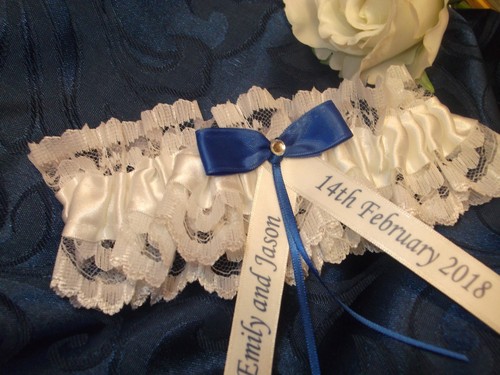 LUXUS HANDGEFERTIGTES PERSONALISIERTES HOCHZEITSSTRUMPFBAND ETWAS BLAU BRAUTGESCHENK  - Bild 5 von 5