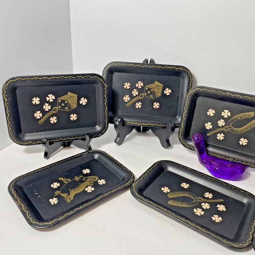 Good Luck Theme Nashco 8 Vintage MCM Snack Tole Metal Blk Gold Pigs Dice Clovers - Picture 6 of 13