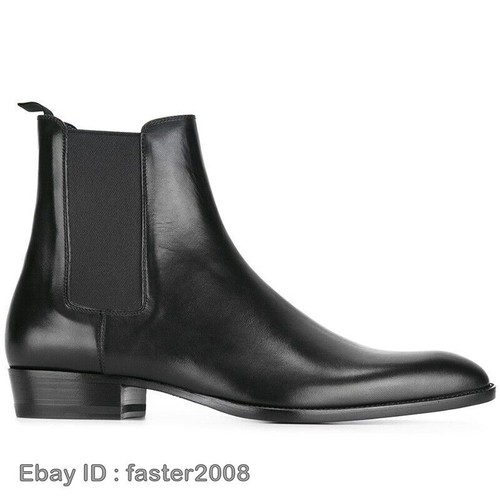 Pull on Mens Pointed Toe Chelsea Ankle Boots Block Heel Real Suede Leather Shoes - 第 10/27 張圖片