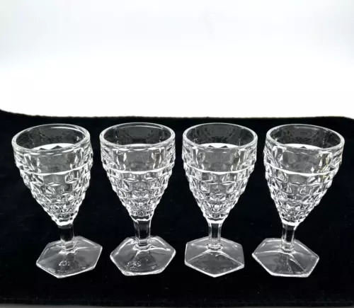 Fostoria Clear Wine Cordial Sherry Glasses 4 3/8" Cubist Hex Foot Set Of 4