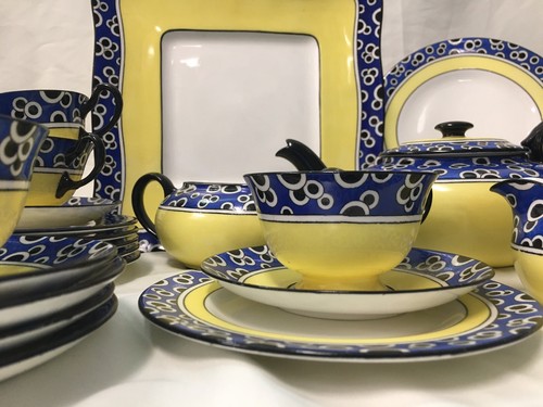 Antique Royal Doulton Cobalt/Black/Yellow MID-CENTURY MODERN DESSERT SET #9281 - Picture 4 of 12