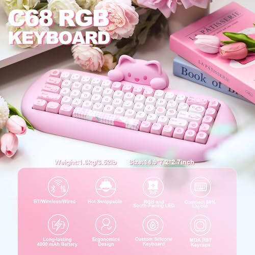 YUNZII C68 Wireless Mechanical Keyboard Cute Cat Compatible with