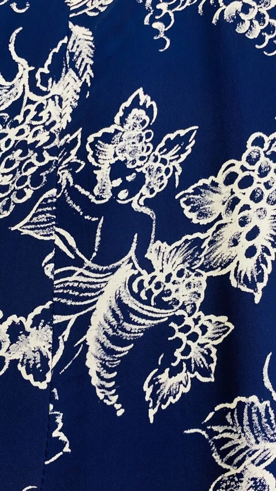 Vintage 1940s cherub novelty print dress, navy blue rayon cornucopia L XL plus - Изображение 3 из 4