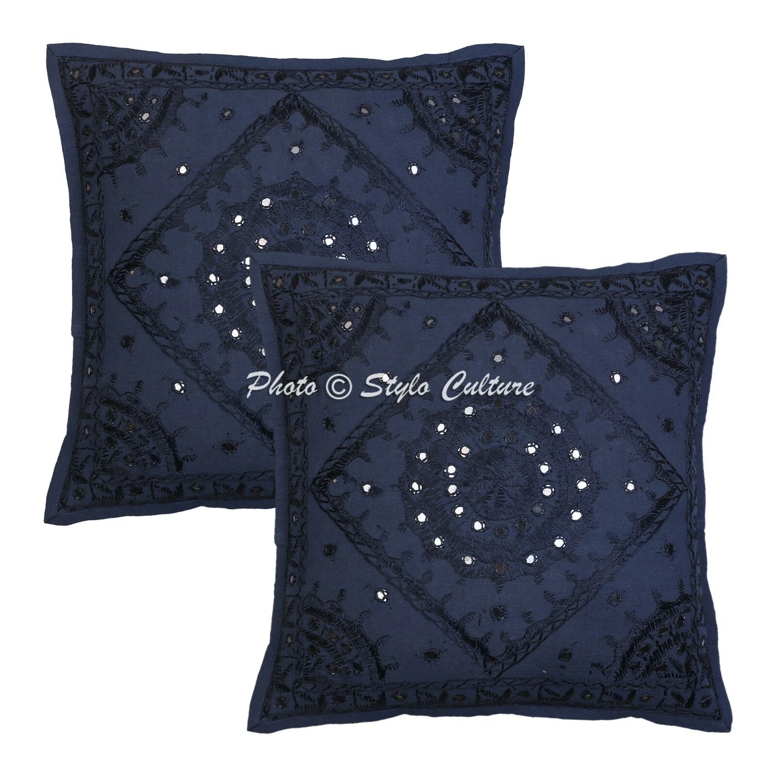 Ethnic Cotton Pillow Covers Blue 40 x 40 cm Embroidered Mirrored Cushion Covers
