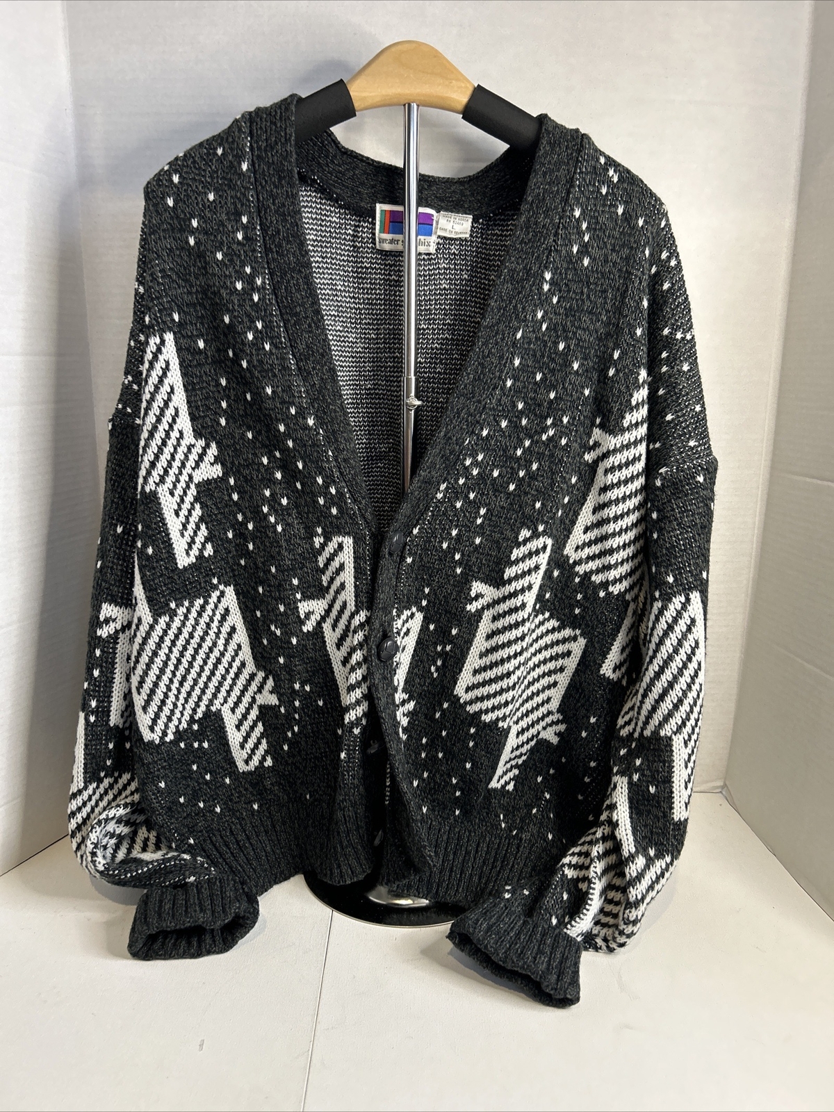 Vintage Mens Graphix Cardigan Sweater Large Gray Blac… Gem