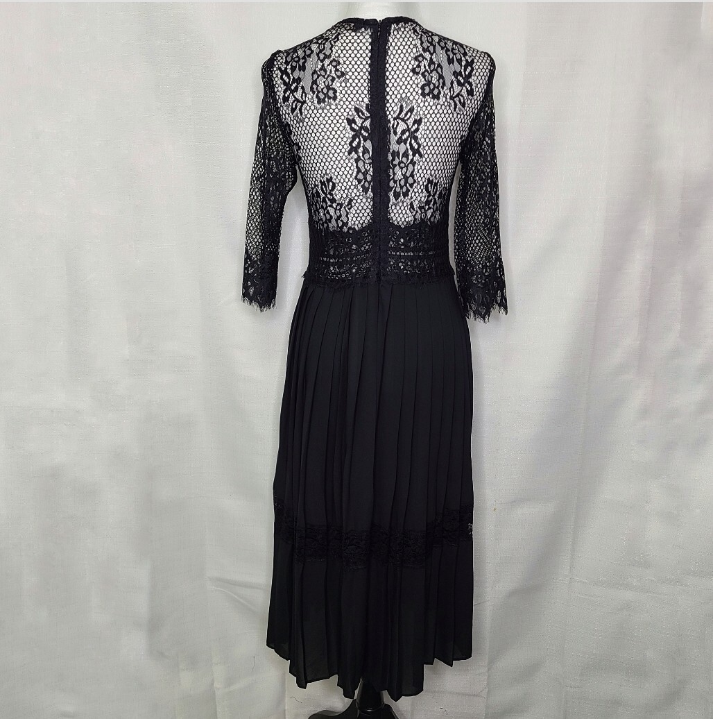 Zara Basic Black Lace Pleated Midi Dress Size Small 3/4 Sleeves Sheer Back Zara Basic Black Lace Pleated Midi Dress Size Small 3/4 Sleeves Sheer Back
