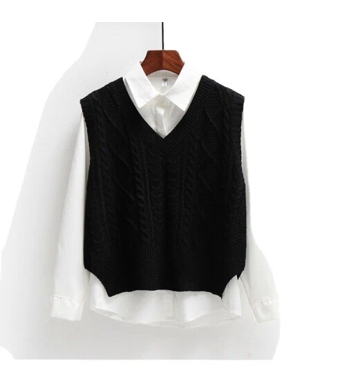 Vest Women Solid Short Loose Trendy Korean Style Sleeveless Knitted V Neck