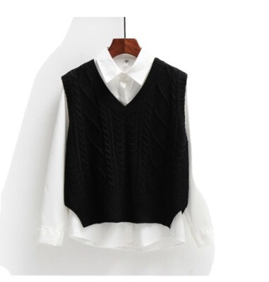 Vest Women Solid Short Loose Trendy Korean Style Sleeveless Knitted V Neck 