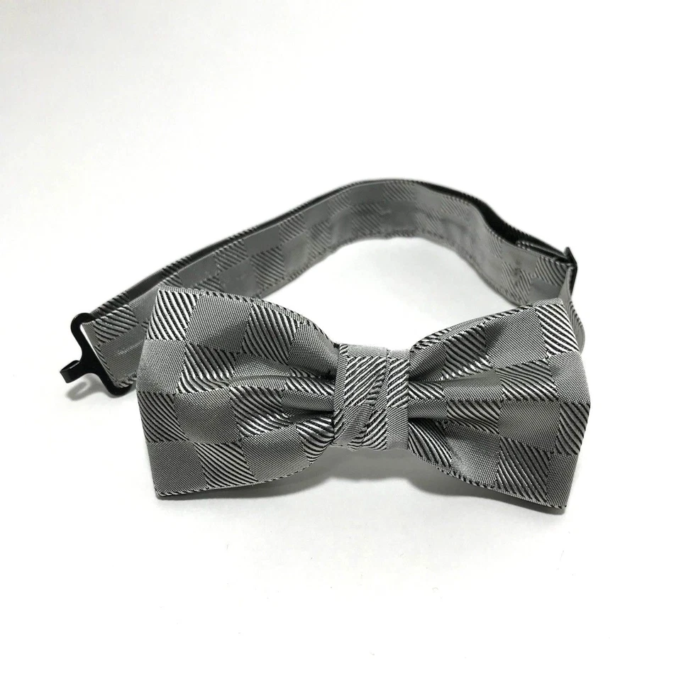 Men Bow Tie Pre Tied Plaid Gray Silver Vintage Mel Howard Butterfly Wedding Prom - Image 4 of 4