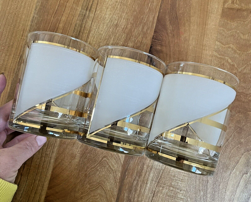 THREE Vintage Culver Double Rocks Glasses Art Deco Striped Gold Frosted Large - Picture 5 of 5
