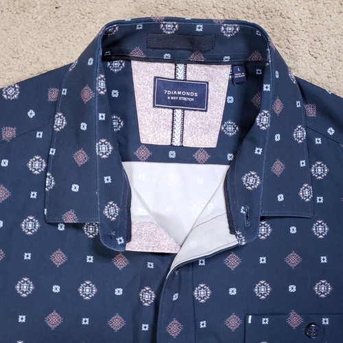 7 Diamonds 4 Way Stretch Shirt Mens Large Blue Geometric Button Up Casual Dad - Picture 3 of 7