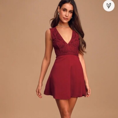 Lulus Florentina Wine Red Crochet Lace Skater Dress Size Small