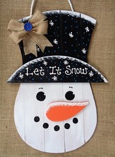 Let It Snow SNOWMAN SIGN Grooved Wood Hanger Plaque Winter Door Wall Primitive